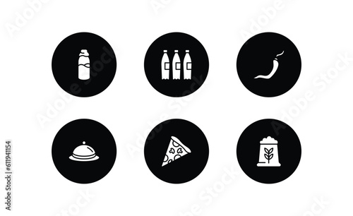 food filled icons set. food filled icons pack included milky, recycling bottles, hot chilli pepper, covered food tray, triangular pizza slice, fodder vector.