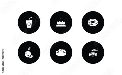 food filled icons set. food filled icons pack included drinking, cake with one candle, chote donut, citrus fruits, dog food, chinese vector.