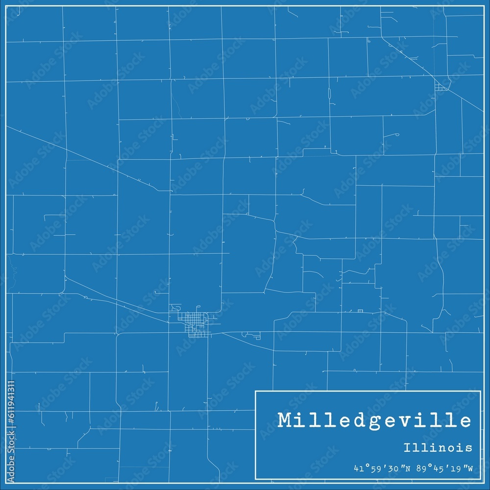 Blueprint US city map of Milledgeville, Illinois.