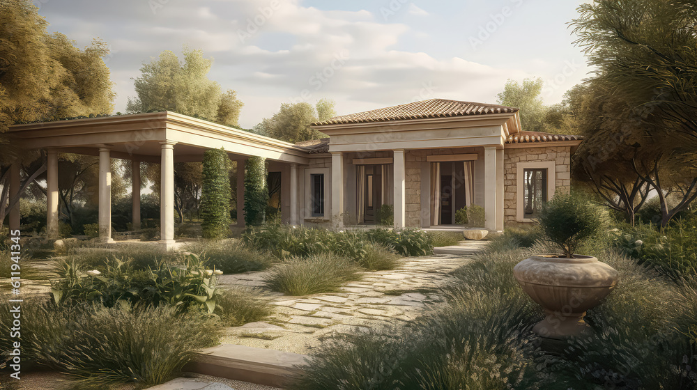 3D render greece ancient concept, Home and Garden Embracing the Timeless Elegance and, Creating a Harmonious Fusion of Indoor and Outdoor Spaces