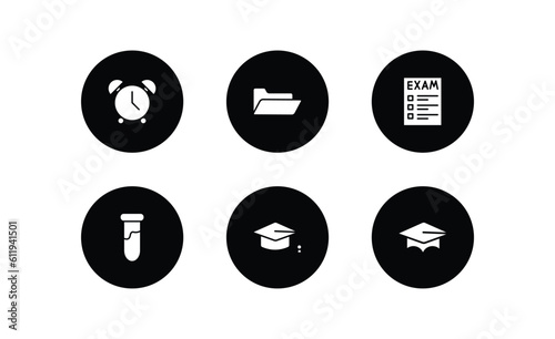 education filled icons set. education filled icons pack included alarm clock, folder, exam, tube, graduation hat, graduation cap vector.