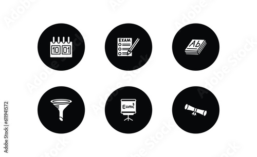 education filled icons set. education filled icons pack included school calendar, exams, 3d dictionary, chemistry funnel, relativity formulae, diploma roll vector.