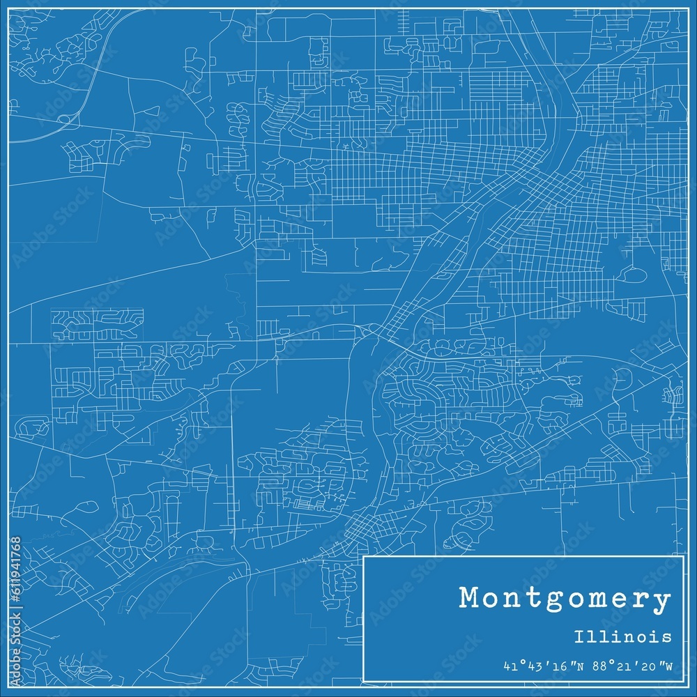 Blueprint US city map of Montgomery, Illinois.
