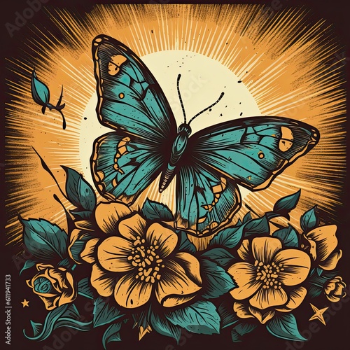 A beautiful butterfly tattoo with sun rays and lovely flowers in light bronze and cyan color. Generative AI