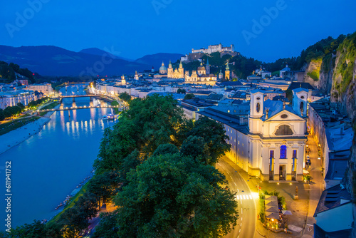 The City of Salzburg with the Fortress Hohensalzburg and the River Salzach from the Humbold Terrace in Austria photo