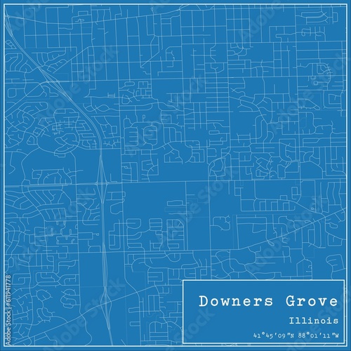 Blueprint US city map of Downers Grove, Illinois.