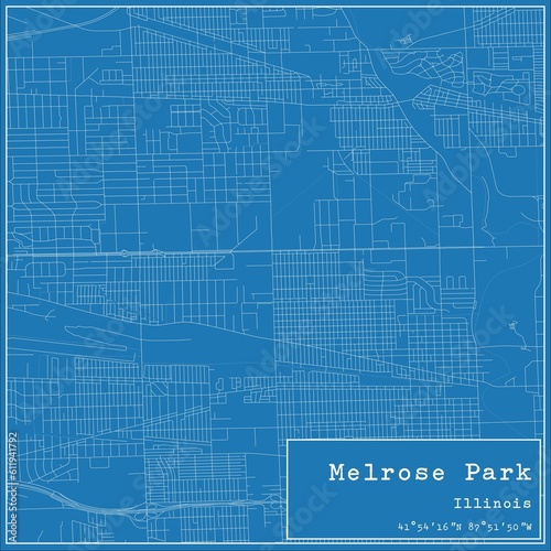 Blueprint US city map of Melrose Park, Illinois.