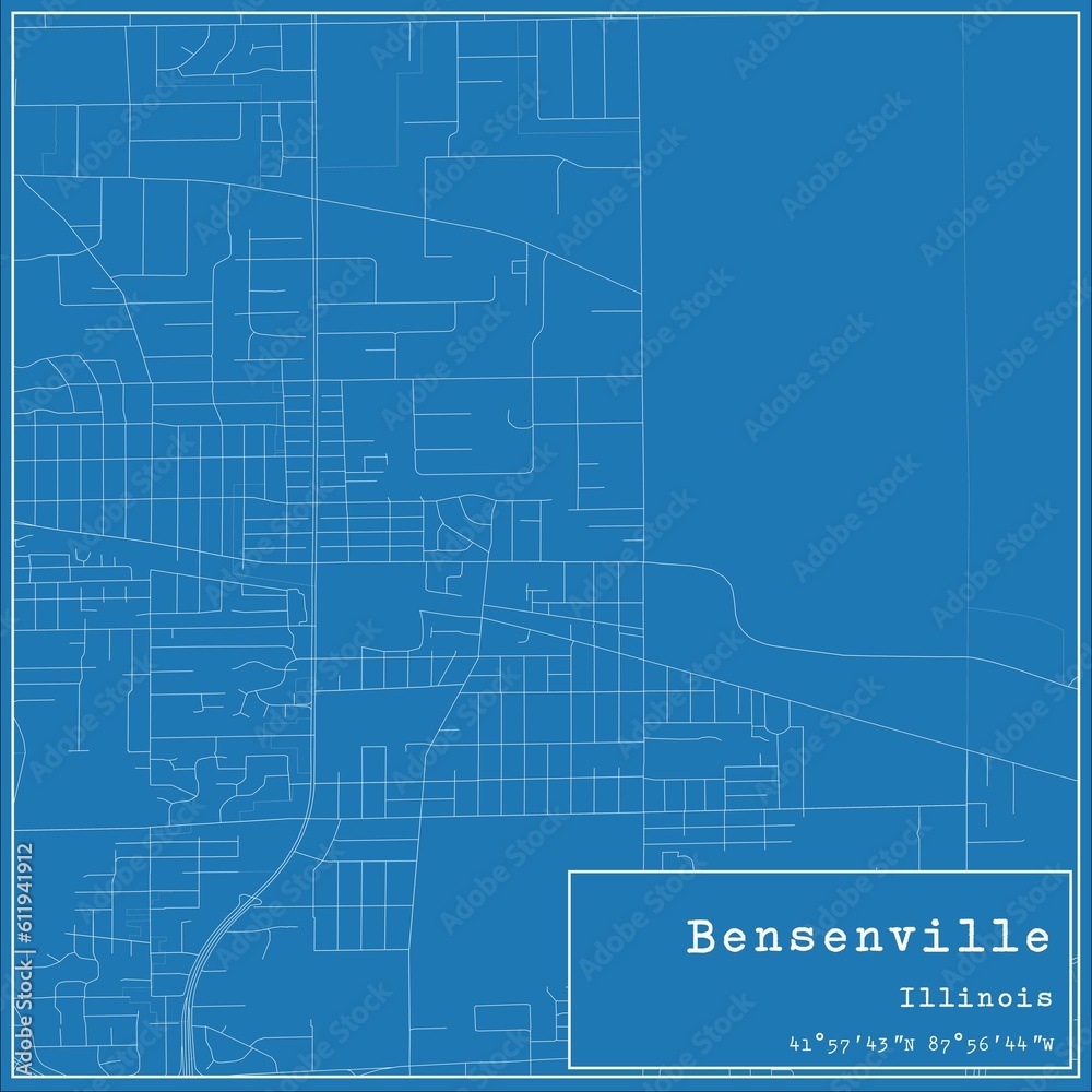 Blueprint US city map of Bensenville, Illinois.