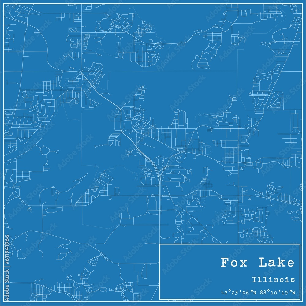 Blueprint US city map of Fox Lake, Illinois.