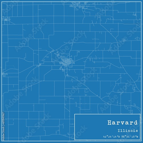 Blueprint US city map of Harvard  Illinois.