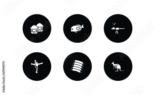 culture filled icons set. culture filled icons pack included indian village, marine fish, pipe of peace, capoeira brazil dancers, pork ribs, australian kangaroo vector.