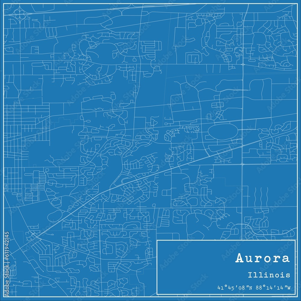 Blueprint US city map of Aurora, Illinois.