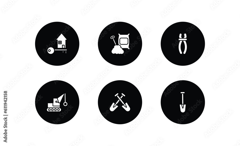 construction filled icons set. construction filled icons pack included home key, cement, inclined clippers, demolition, two shovels, short shovel vector.