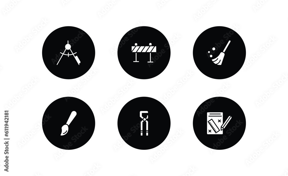construction filled icons set. construction filled icons pack included drawing compass, road barrier, sweeping broom, brush, big clippers, measures plan vector.