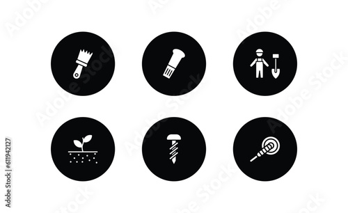 construction tools filled icons set. construction tools filled icons pack included builder brush, wedge tool, working shovel, soil, garage screw, polishers vector.