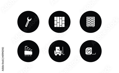construction filled icons set. construction filled icons pack included spanner, paving, big clo, hex key, trolley truck, five meters ruler vector.