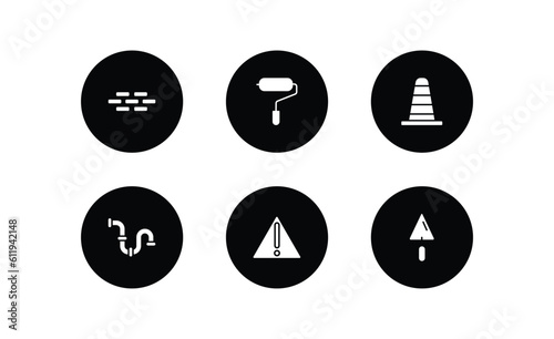construction tools filled icons set. construction tools filled icons pack included brick, paint roller, road construction, plumbing pipes, warning, trowel vector.