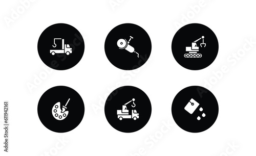 construction filled icons set. construction filled icons pack included crane truck, grinder, derrick with tong, pallete, truck with crane, paint bucket vector.