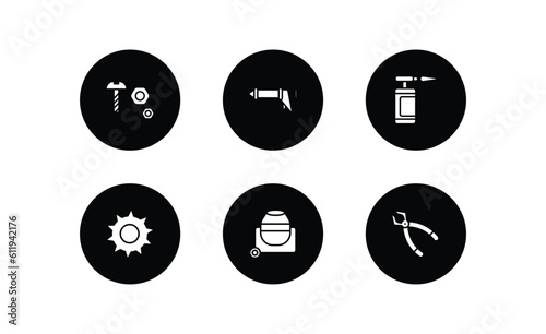 construction tools filled icons set. construction tools filled icons pack included nuts and bolts, caulk gun, blowtorch, circular saw, concrete mixer, plier vector.