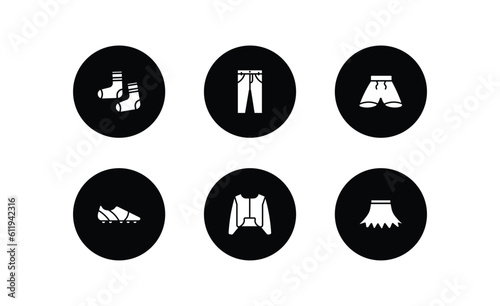 clothes filled icons set. clothes filled icons pack included men socks, chi pants, short, soccer shoe, nylon jacket, circle skirt vector.
