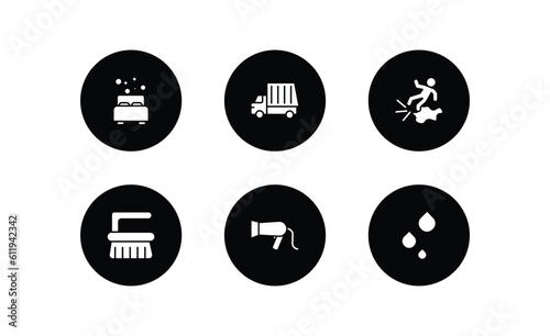 cleaning filled icons set. cleaning filled icons pack included clean room, garbage truck cleanin, slippery, scrub brush, hairdryer cleanin, liquid vector.