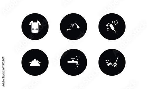 cleaning filled icons set. cleaning filled icons pack included cleaner uniform, sterilization, duster, serviette, faucet cleanin, broom cleanin vector.