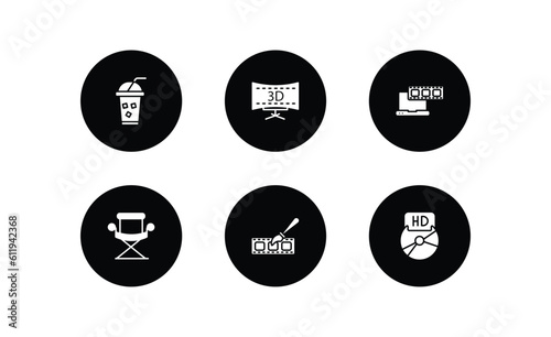 cinema filled icons set. cinema filled icons pack included take away drink, 3 dimension screen, laptop with film strip, director film chair, animation, hd dvd vector.