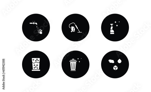 cleaning filled icons set. cleaning filled icons pack included hands cleanin, hoover, glass cleaner, emulsion, trash cleanin, states of matter vector.