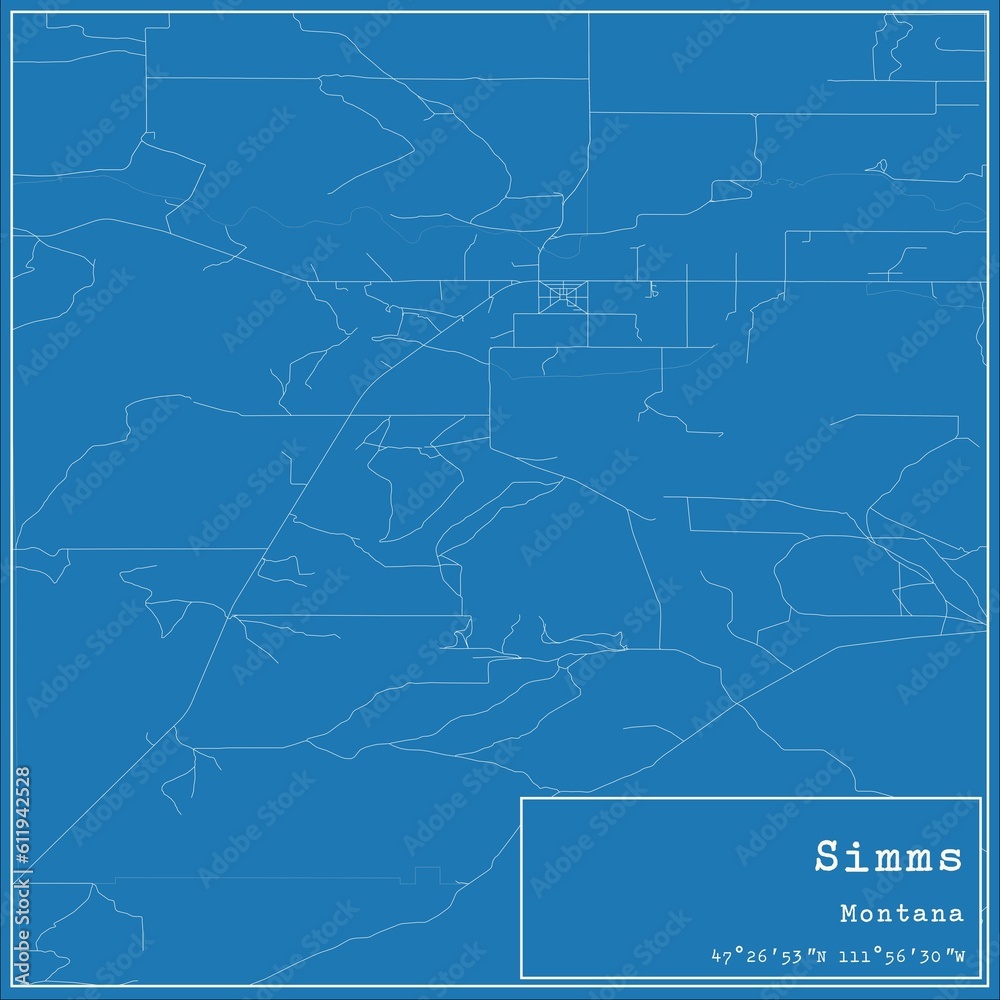 Fototapeta premium Blueprint US city map of Simms, Montana.