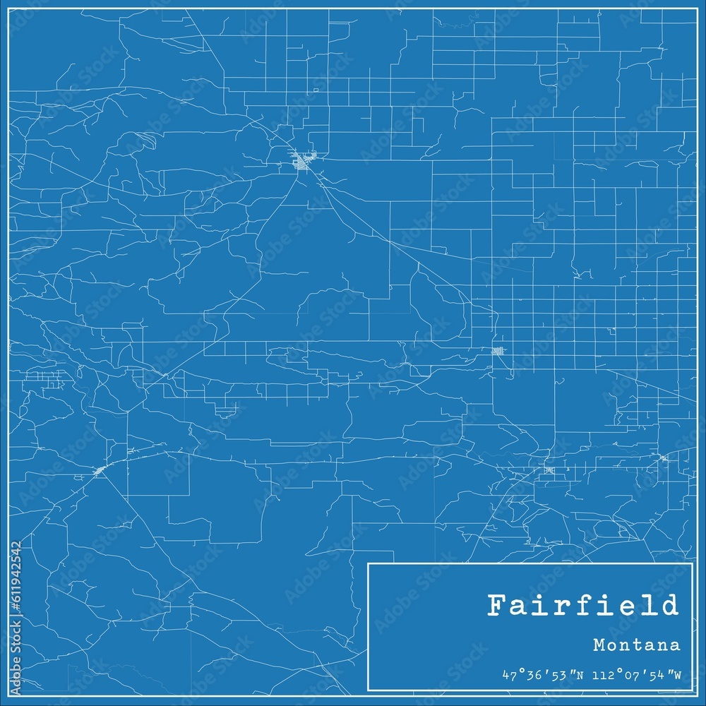 Blueprint US city map of Fairfield, Montana.