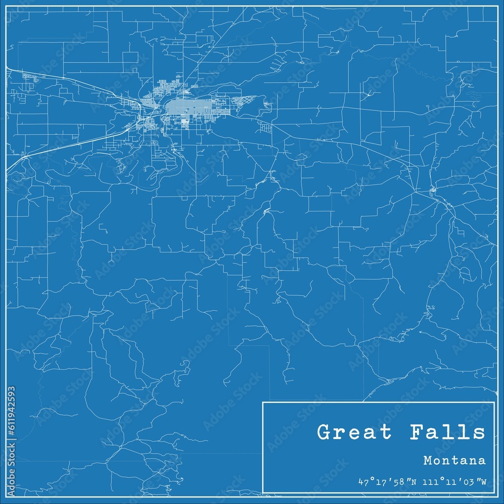 Blueprint US city map of Great Falls, Montana.