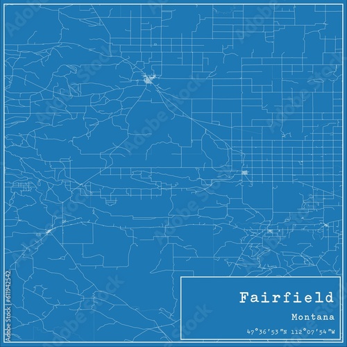 Blueprint US city map of Fairfield, Montana.