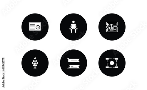 business filled icons set. business filled icons pack included statistics presentation, sitting, maze game, man holding a big coin, numbered information, item interconnections vector.