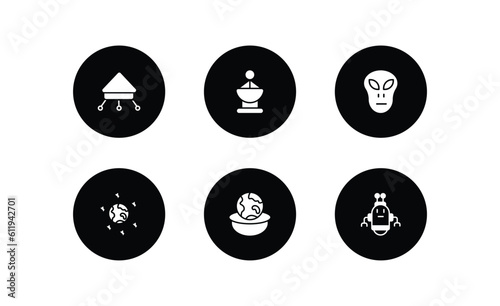 astronomy filled icons set. astronomy filled icons pack included lander, radar pointing up, little extraterrestial, space junk, relativity, space robot vector.