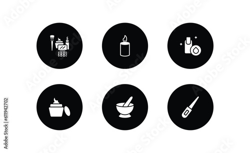beauty filled icons set. beauty filled icons pack included makeup, candle light, nail polish removal, facial cream, mortar bowl, curlers vector.