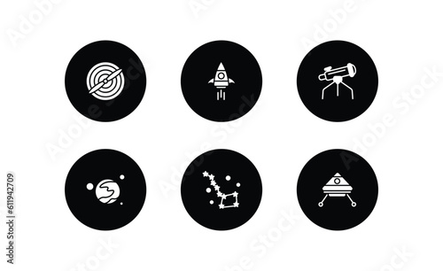 astronomy filled icons set. astronomy filled icons pack included airscrew, rocket start, big telescope, mars with satellite, ursa major, space capsule vector.