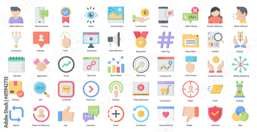 Influencer Flat Icons Networking Star Streaming Iconset in Color Style 50 Vector Icons