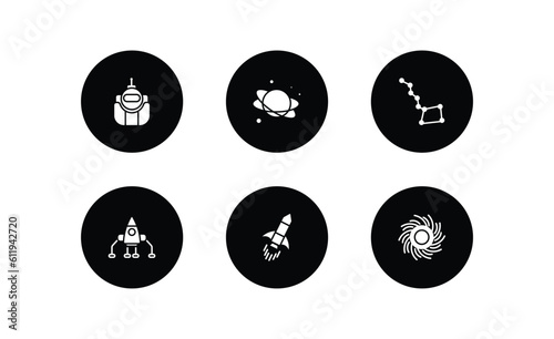 astronomy filled icons set. astronomy filled icons pack included astronaut ingravity, planet, big dipper, space lander, rocket ship, black hole vector.