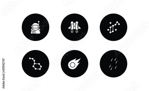 astronomy filled icons set. astronomy filled icons pack included astronaut user, jet pack, lyra constellation, constellation, comet, meteor shower vector.