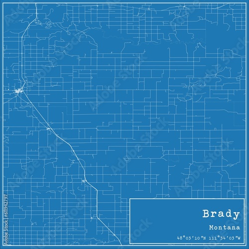 Blueprint US city map of Brady, Montana. photo