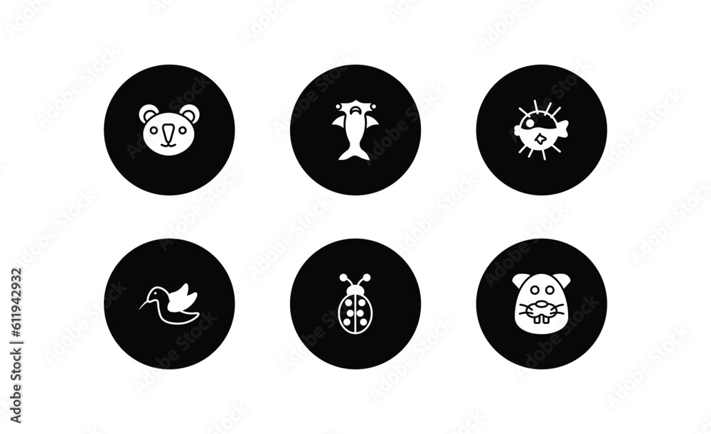animals filled icons set. animals filled icons pack included koala, hummerhead, globe fish, colibri, ladybug, beaver vector.