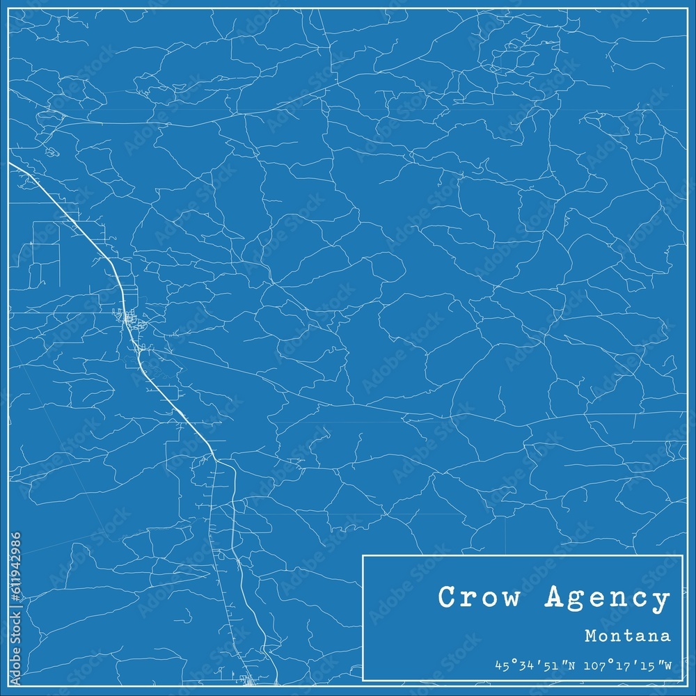 Blueprint US city map of Crow Agency, Montana.