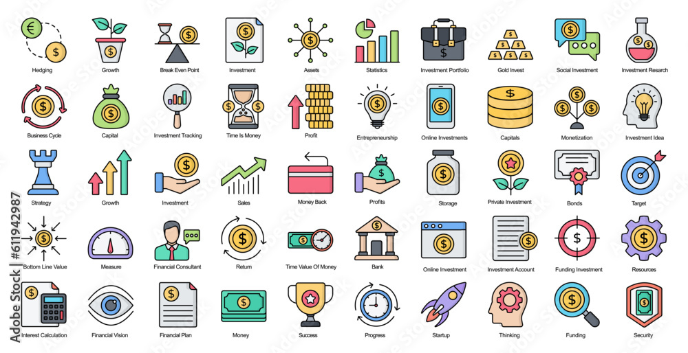 Fototapeta premium Investment Line Color Icons Finance Business Capital Filled Outline Iconset 50 Vector Icons