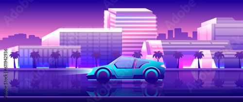 Neon supercar drives down the street through the city. Shining modern city nightlife horizontal illustration.