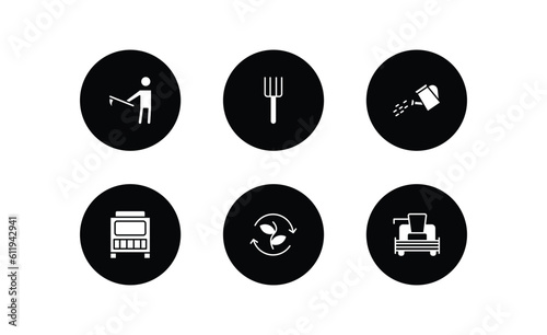agriculture farming filled icons set. agriculture farming filled icons pack included farmer hoeing, pitchfork, watering, composter, crop rotation, combine harvester vector.