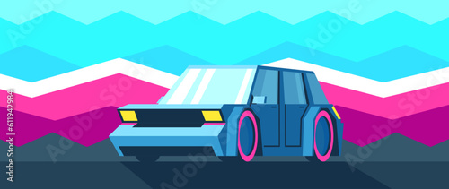 Bright blue sports car stands front view. Flat car landscape on pink abstract mountains background.