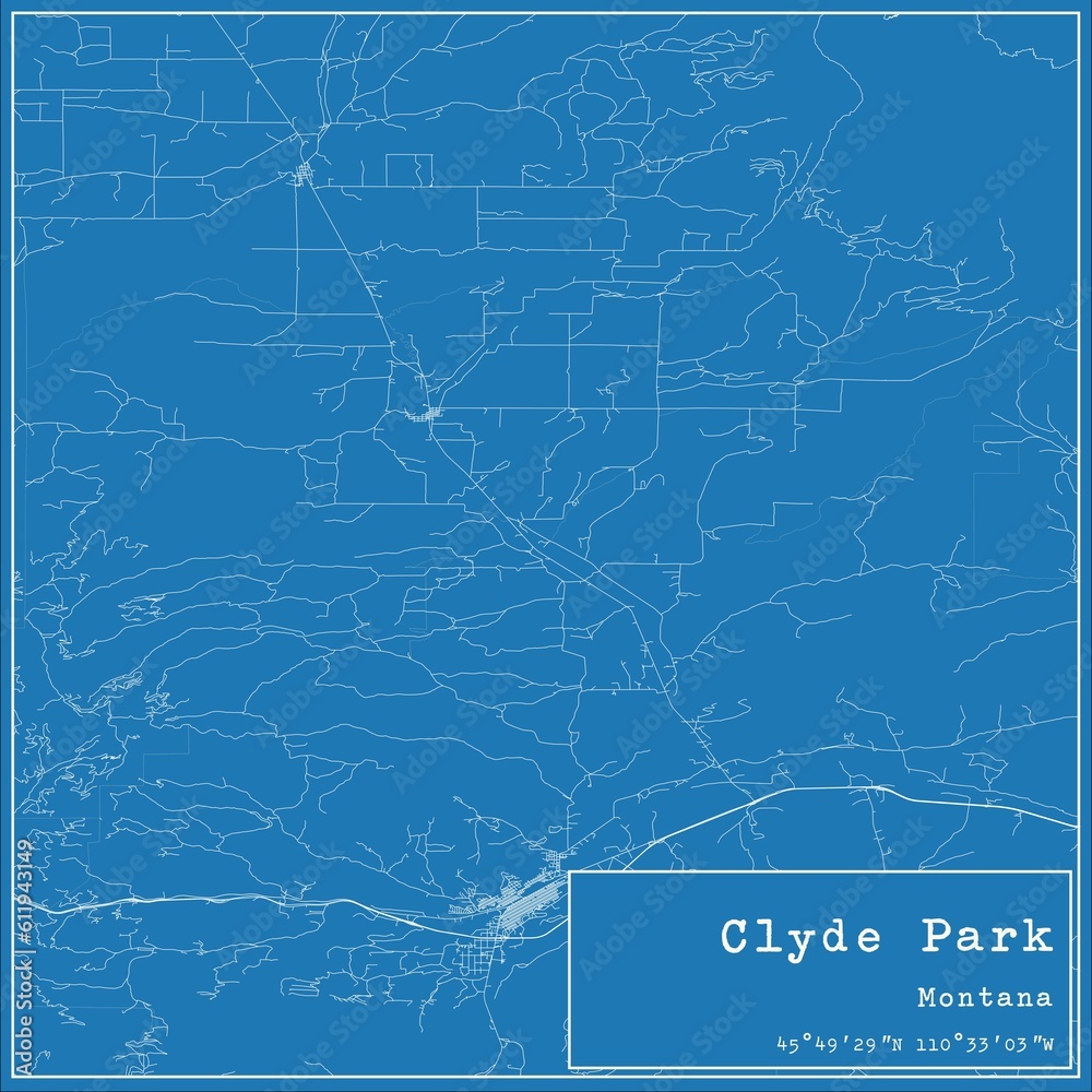 Blueprint US city map of Clyde Park, Montana.
