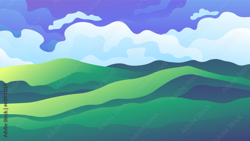 Green high mountains on white cumulus clouds background. Tropical summer hills on a horizontal banner.