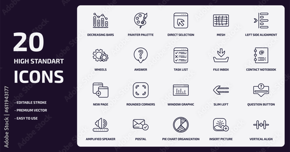 user interface outline icons set. user interface thin line icons pack such as decreasing bars chart, mesh, answer, new page, postal, pie chart organization, insert picture, vertical align vector. user interface outline icons set. user interface thin line icons pack such as decreasing bars chart, mesh, answer, new page, postal, pie chart organization, insert picture, vertical align vector.