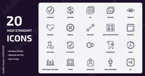 user interface outline icons set. user interface thin line icons pack such as checked, gallery, wrong, add user, store, envelope, voice recorder, go vector.